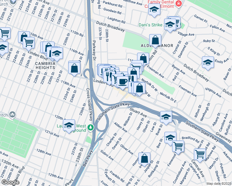 map of restaurants, bars, coffee shops, grocery stores, and more near 117 32 240 Street in Elmont
