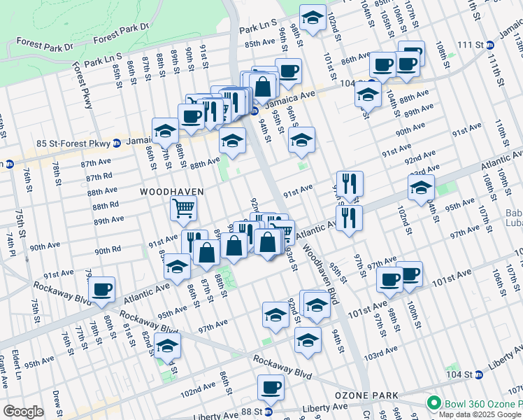 map of restaurants, bars, coffee shops, grocery stores, and more near 91-17 92nd Street in Queens
