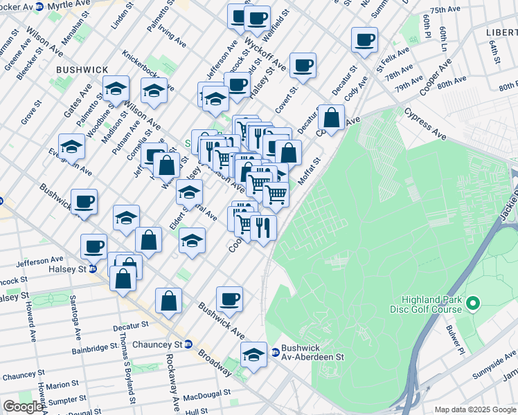 map of restaurants, bars, coffee shops, grocery stores, and more near 183 Cooper Street in Brooklyn