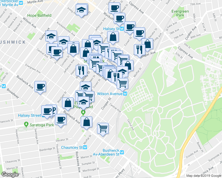 map of restaurants, bars, coffee shops, grocery stores, and more near 183 Cooper Street in Brooklyn
