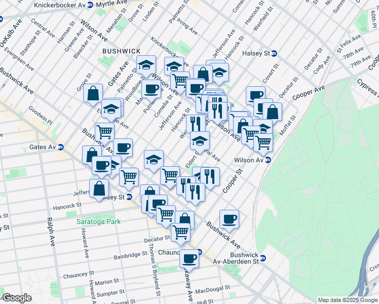 map of restaurants, bars, coffee shops, grocery stores, and more near 155 Eldert Street in Brooklyn