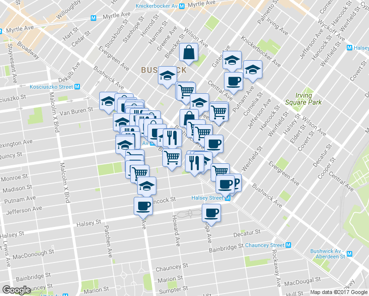 map of restaurants, bars, coffee shops, grocery stores, and more near 16 Woodbine Street in Brooklyn