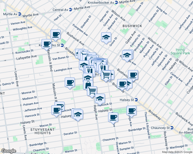 map of restaurants, bars, coffee shops, grocery stores, and more near 831 Monroe Street in Brooklyn