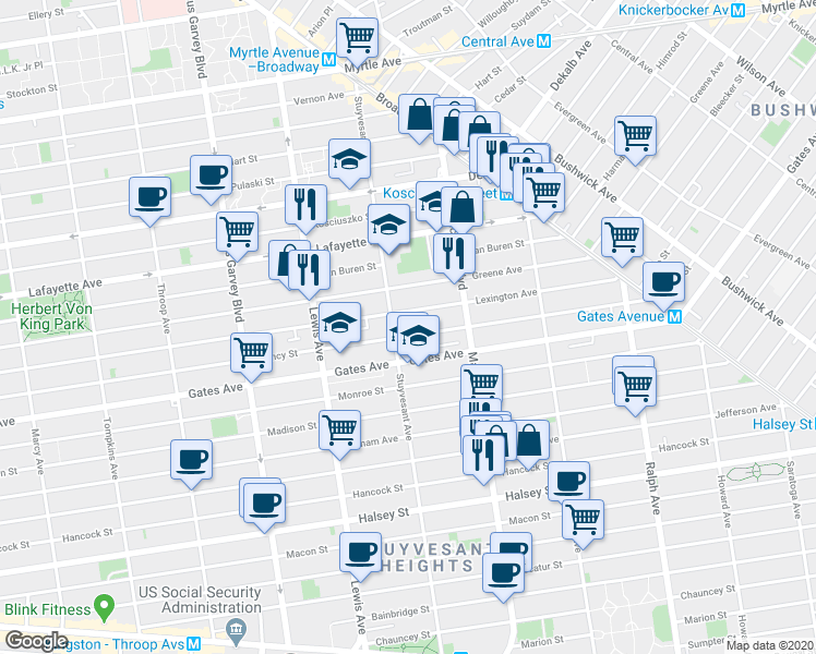 map of restaurants, bars, coffee shops, grocery stores, and more near 710 Quincy Street in Brooklyn