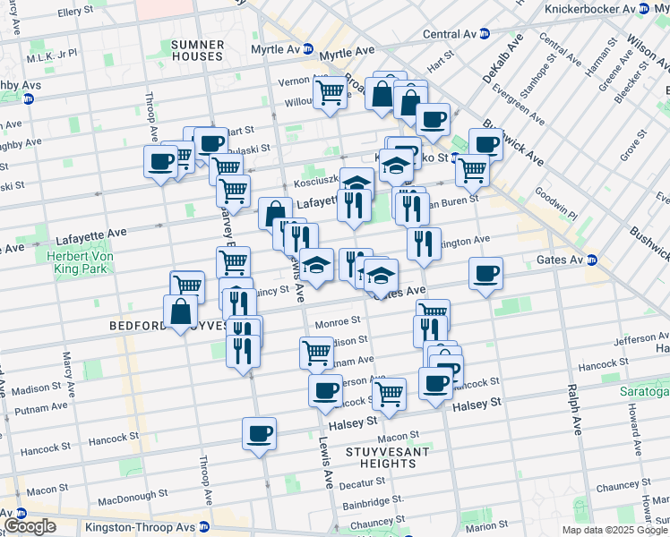 map of restaurants, bars, coffee shops, grocery stores, and more near 605 Quincy Street in Brooklyn
