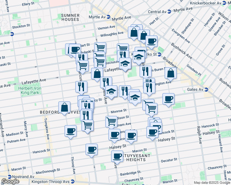 map of restaurants, bars, coffee shops, grocery stores, and more near 605 Quincy Street in Brooklyn