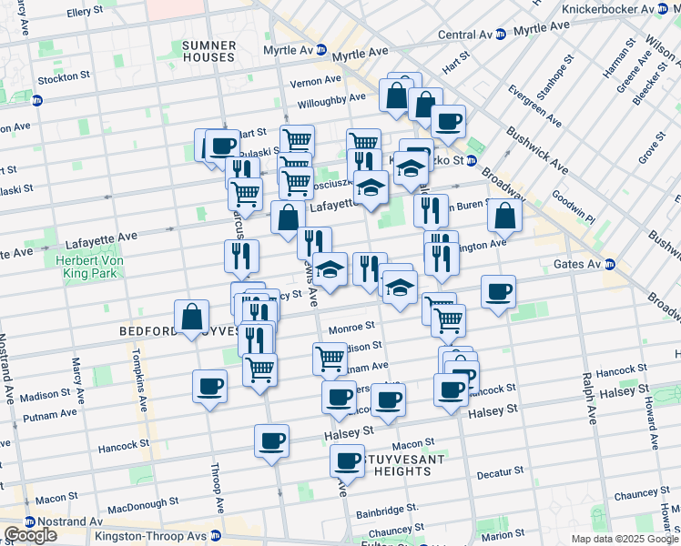 map of restaurants, bars, coffee shops, grocery stores, and more near 605 Quincy Street in Brooklyn