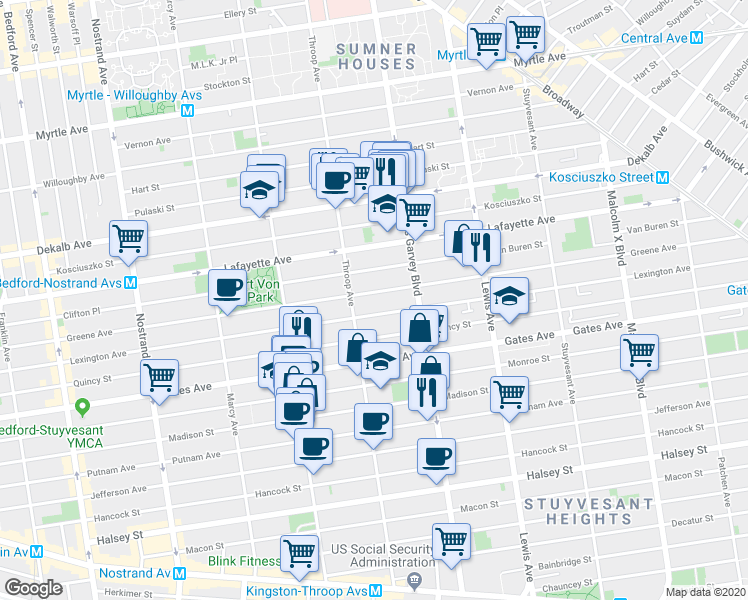 map of restaurants, bars, coffee shops, grocery stores, and more near 519 Lexington Avenue in Brooklyn