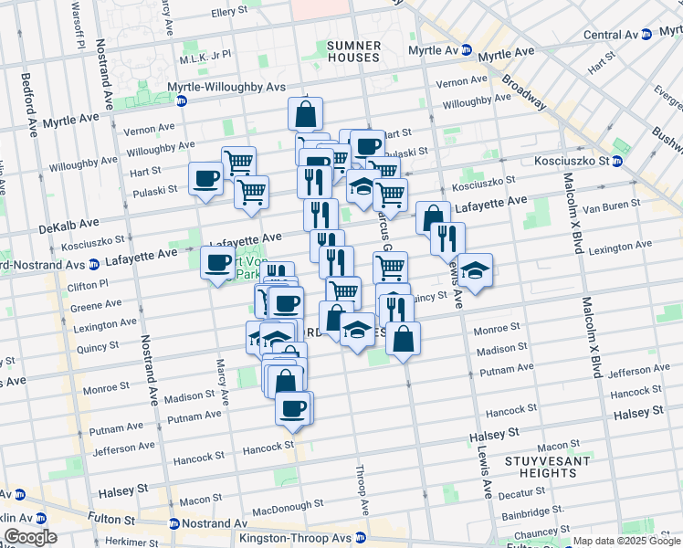 map of restaurants, bars, coffee shops, grocery stores, and more near 519 Lexington Avenue in Brooklyn