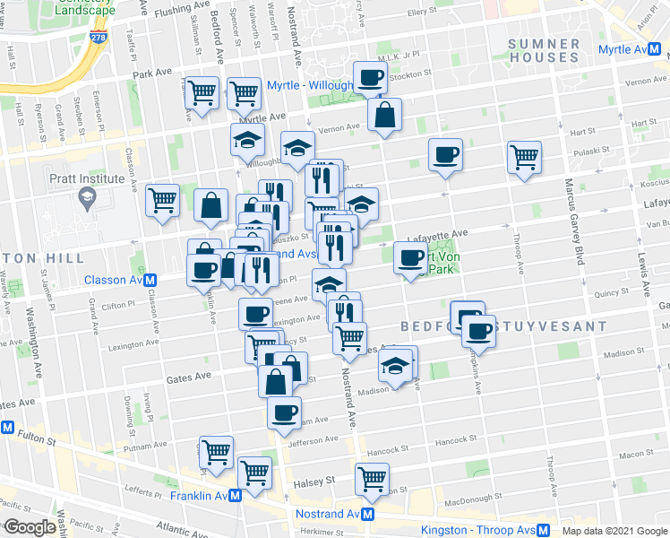 map of restaurants, bars, coffee shops, grocery stores, and more near 328 Clifton Place in Brooklyn