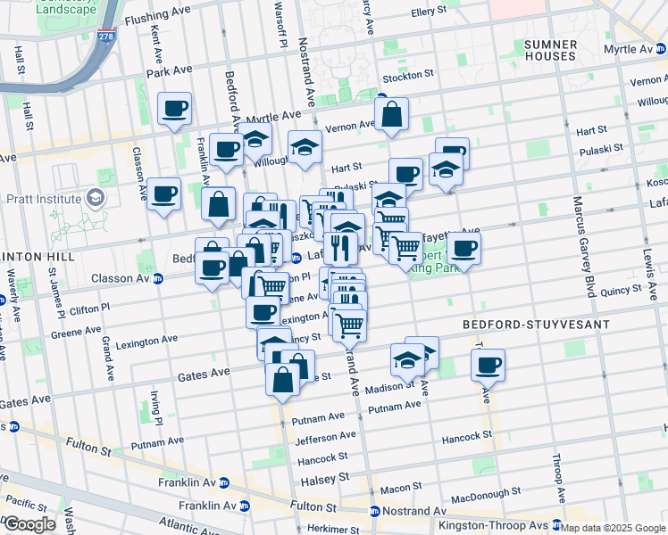 map of restaurants, bars, coffee shops, grocery stores, and more near 328 Clifton Place in Brooklyn
