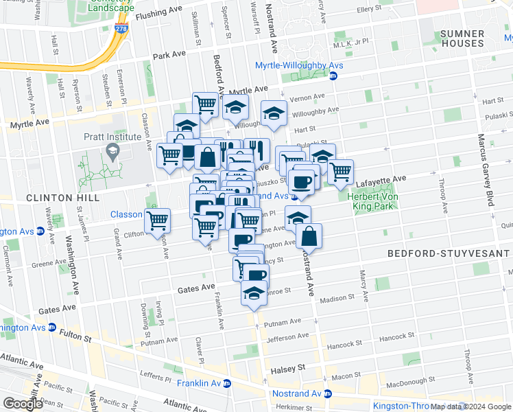 map of restaurants, bars, coffee shops, grocery stores, and more near 1068 Bedford Avenue in Brooklyn