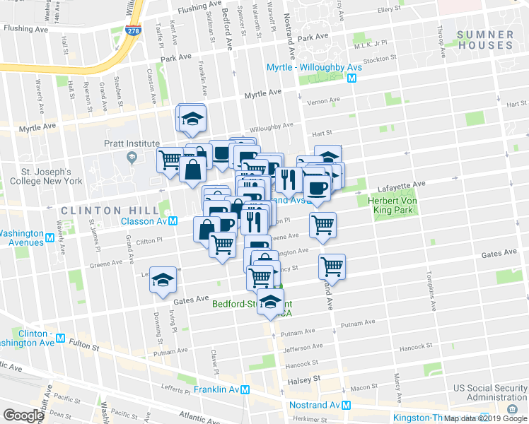 map of restaurants, bars, coffee shops, grocery stores, and more near 1068 Bedford Avenue in Brooklyn