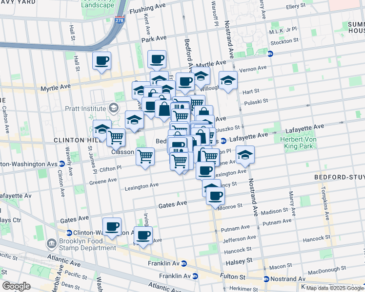 map of restaurants, bars, coffee shops, grocery stores, and more near 446A Lafayette Avenue in Brooklyn