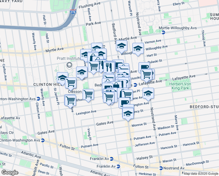 map of restaurants, bars, coffee shops, grocery stores, and more near 446A Lafayette Avenue in Brooklyn