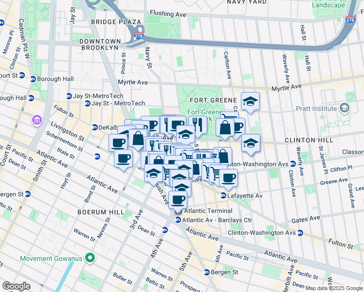 map of restaurants, bars, coffee shops, grocery stores, and more near 26 Fort Greene Place in Brooklyn