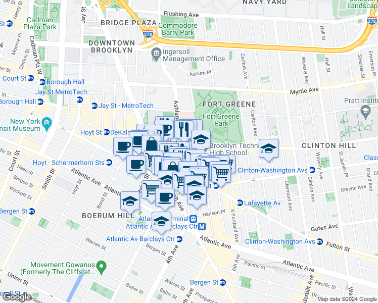 map of restaurants, bars, coffee shops, grocery stores, and more near 201 1/2 Ashland Place in Brooklyn