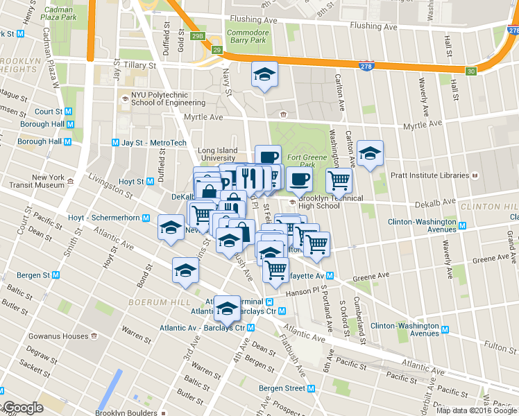map of restaurants, bars, coffee shops, grocery stores, and more near 201 1/2 Ashland Place in Brooklyn