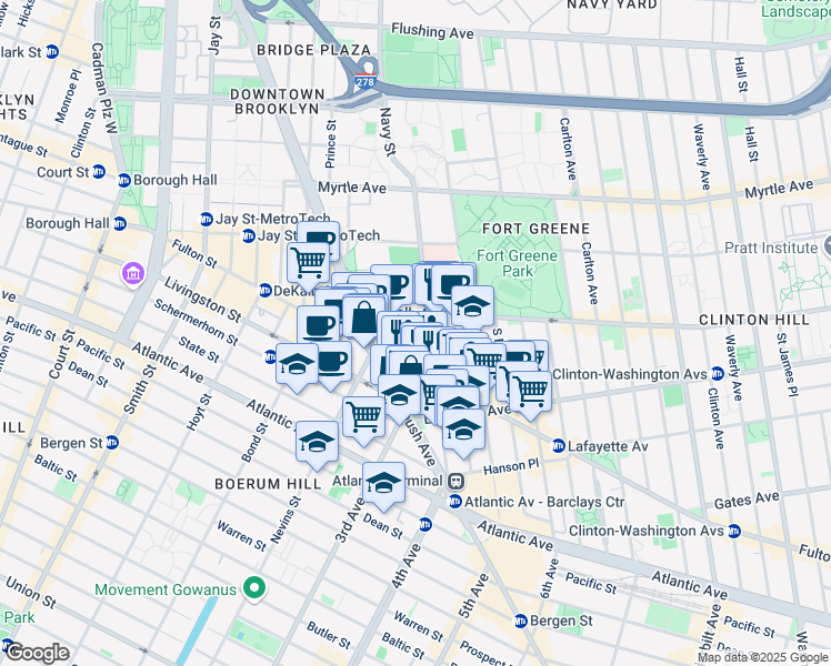 map of restaurants, bars, coffee shops, grocery stores, and more near 201 1/2 Ashland Place in Brooklyn