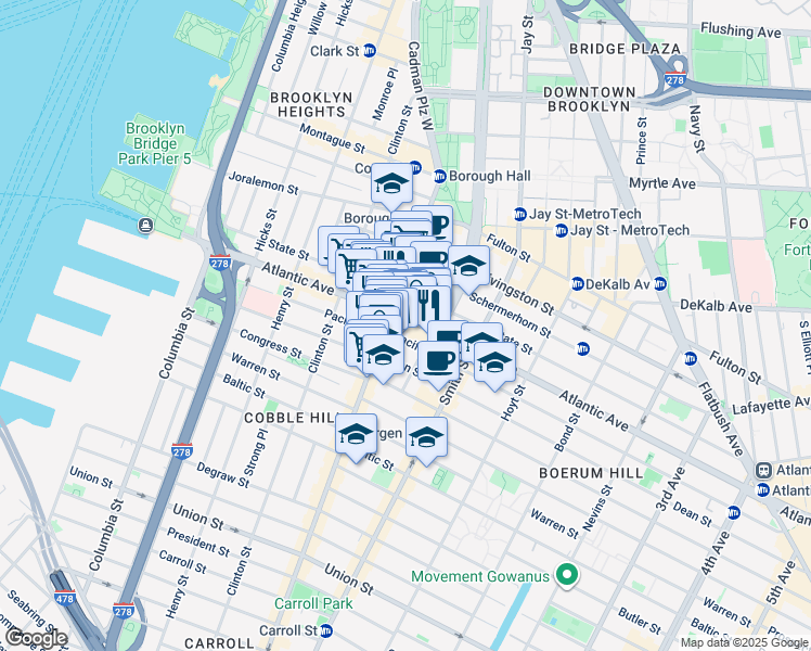 map of restaurants, bars, coffee shops, grocery stores, and more near 212 Atlantic Avenue in Brooklyn