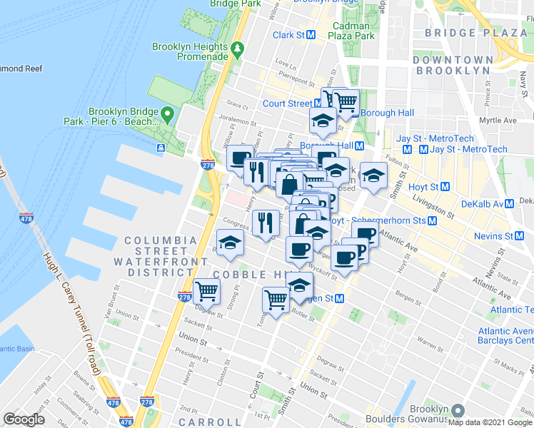 map of restaurants, bars, coffee shops, grocery stores, and more near 236 Clinton Street in Brooklyn