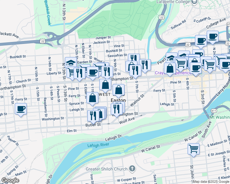 map of restaurants, bars, coffee shops, grocery stores, and more near in Easton