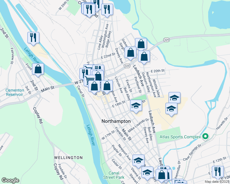 map of restaurants, bars, coffee shops, grocery stores, and more near 1802 Lincoln Avenue in Northampton
