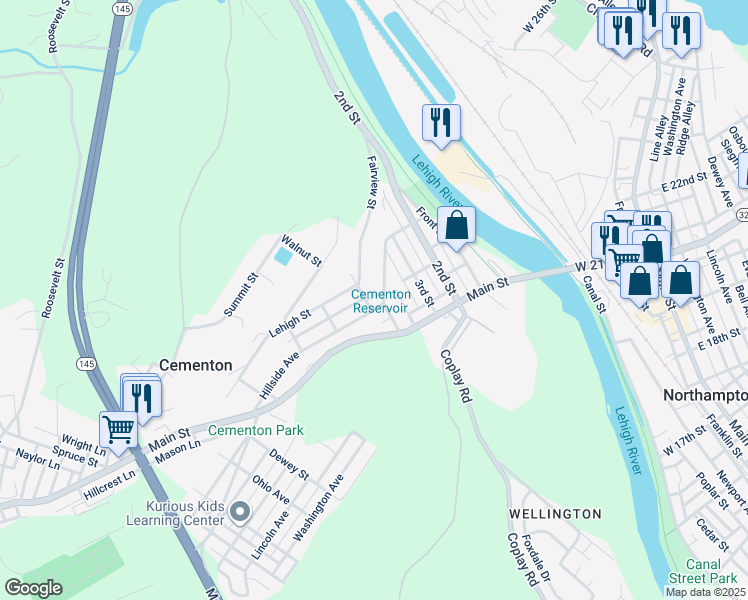 map of restaurants, bars, coffee shops, grocery stores, and more near 5401 Hillside Avenue in Lehigh County