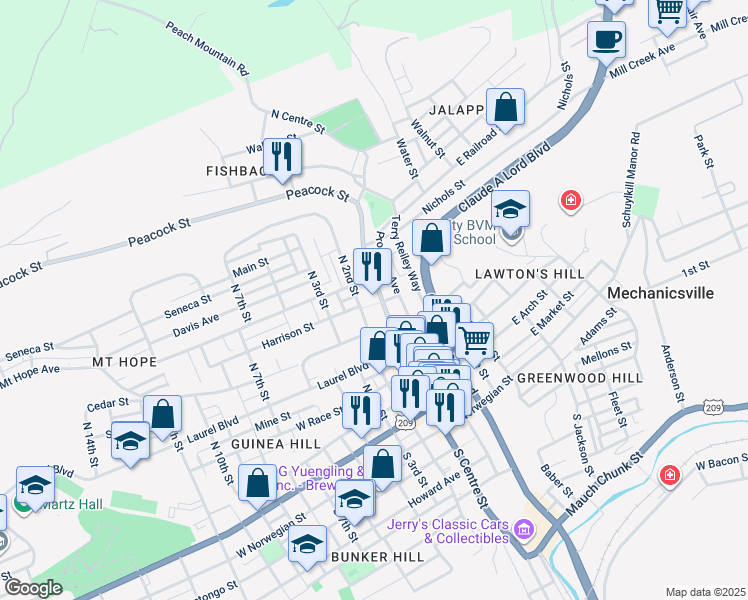 map of restaurants, bars, coffee shops, grocery stores, and more near 600 North 2nd Street in Pottsville