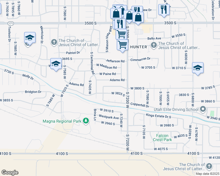 map of restaurants, bars, coffee shops, grocery stores, and more near 7309 West Majestic Way in Magna