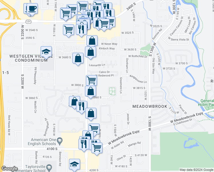 map of restaurants, bars, coffee shops, grocery stores, and more near 1552 Kingsbury Lane in West Valley City