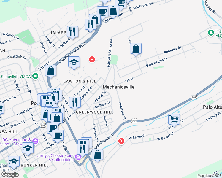map of restaurants, bars, coffee shops, grocery stores, and more near 617 Snyder Street in Pottsville