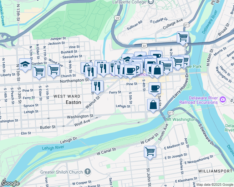 map of restaurants, bars, coffee shops, grocery stores, and more near 616 Ferry Street in Easton