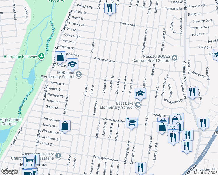 map of restaurants, bars, coffee shops, grocery stores, and more near 219 Charles Avenue in Massapequa Park