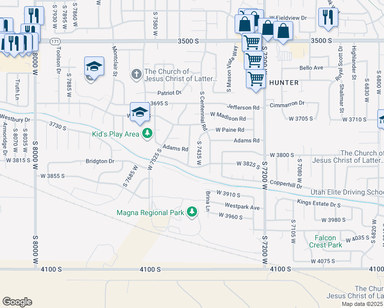 map of restaurants, bars, coffee shops, grocery stores, and more near 3809 Franklin Road in Magna