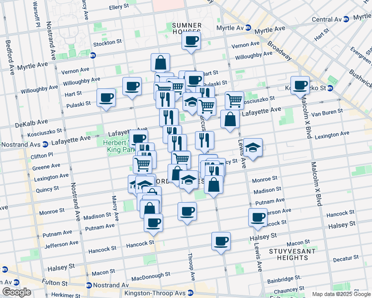 map of restaurants, bars, coffee shops, grocery stores, and more near 519 Lexington Avenue in Brooklyn