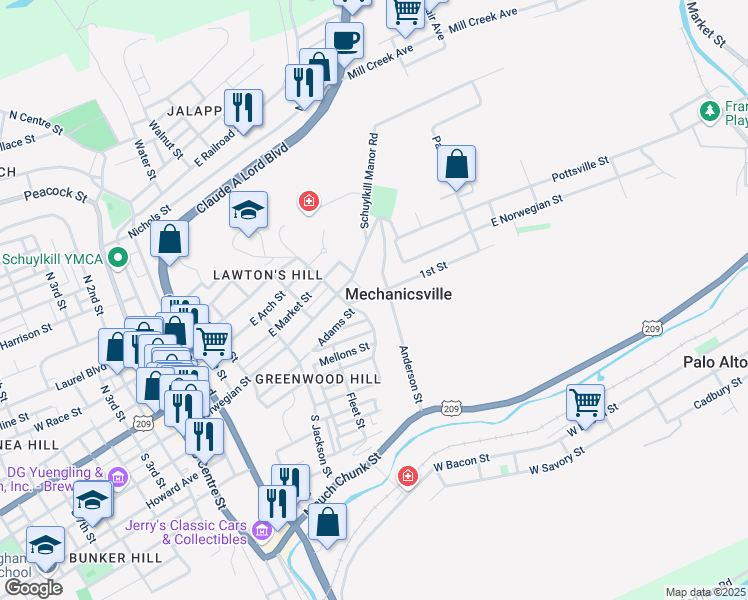 map of restaurants, bars, coffee shops, grocery stores, and more near 617 Snyder Street in Pottsville