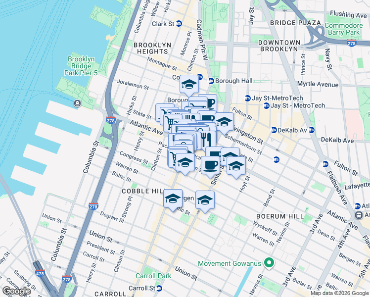 map of restaurants, bars, coffee shops, grocery stores, and more near 138 Court Street in Brooklyn