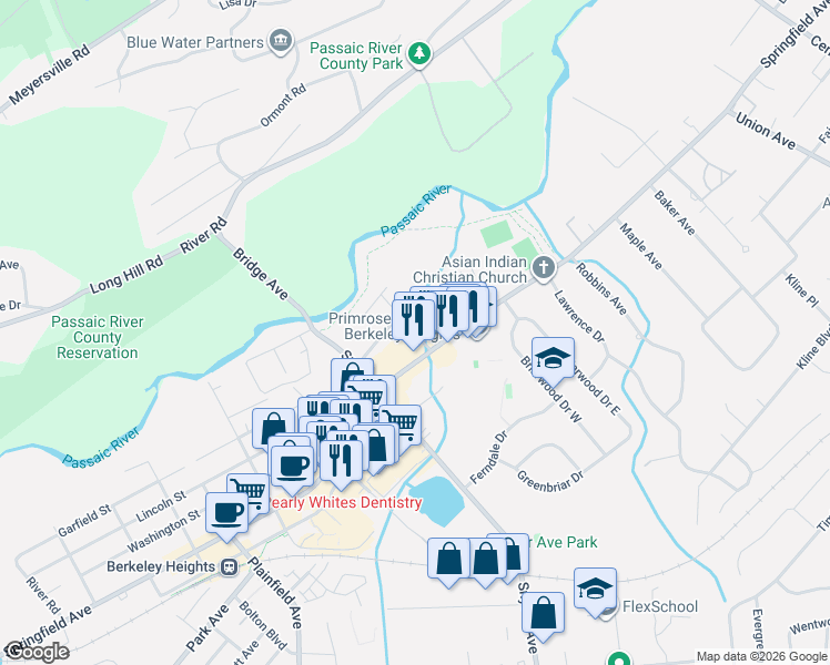 map of restaurants, bars, coffee shops, grocery stores, and more near 18 Kuntz Avenue in Berkeley Heights