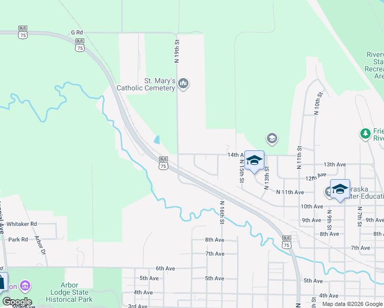 map of restaurants, bars, coffee shops, grocery stores, and more near 1240 North 19th Street in Nebraska City