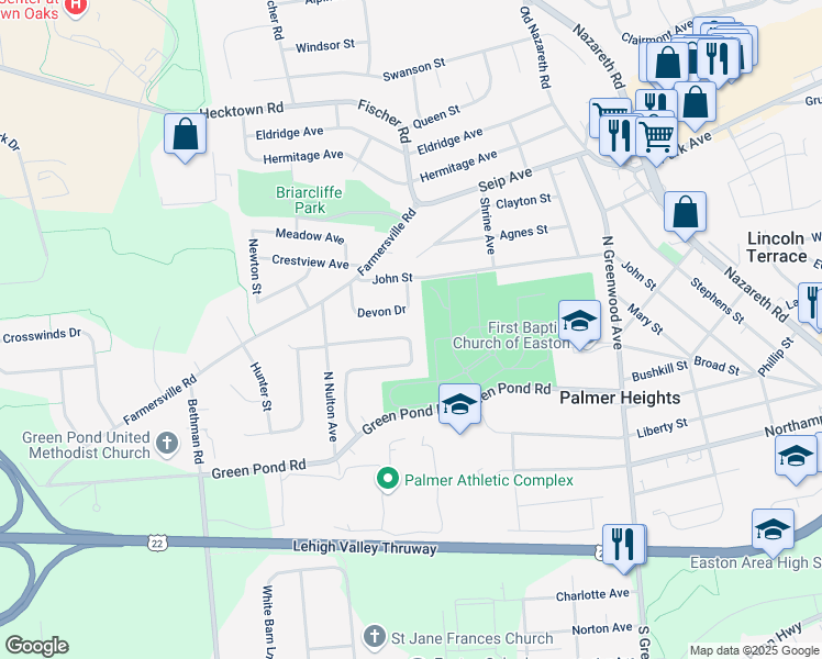 map of restaurants, bars, coffee shops, grocery stores, and more near 38 Ridgewood Road in Easton