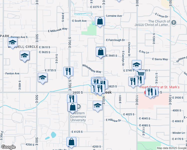 map of restaurants, bars, coffee shops, grocery stores, and more near 861 E Maple View Drive in Salt Lake City