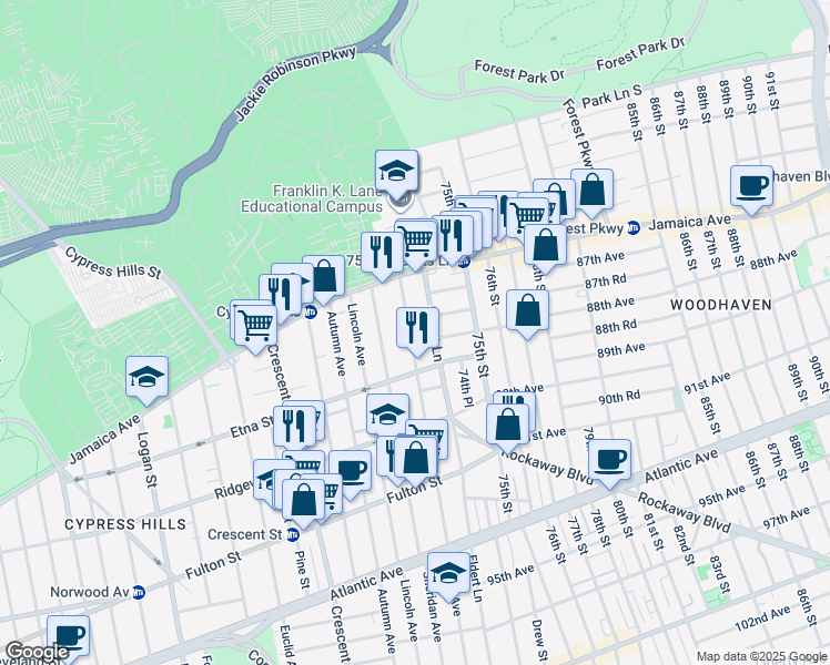 map of restaurants, bars, coffee shops, grocery stores, and more near 82 Grant Avenue in Brooklyn
