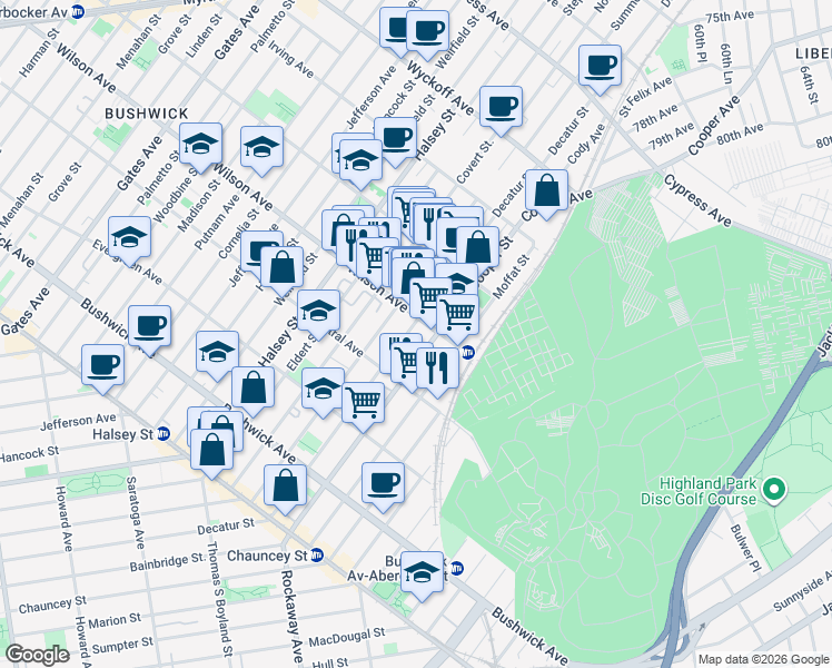 map of restaurants, bars, coffee shops, grocery stores, and more near 183 Cooper Street in Brooklyn