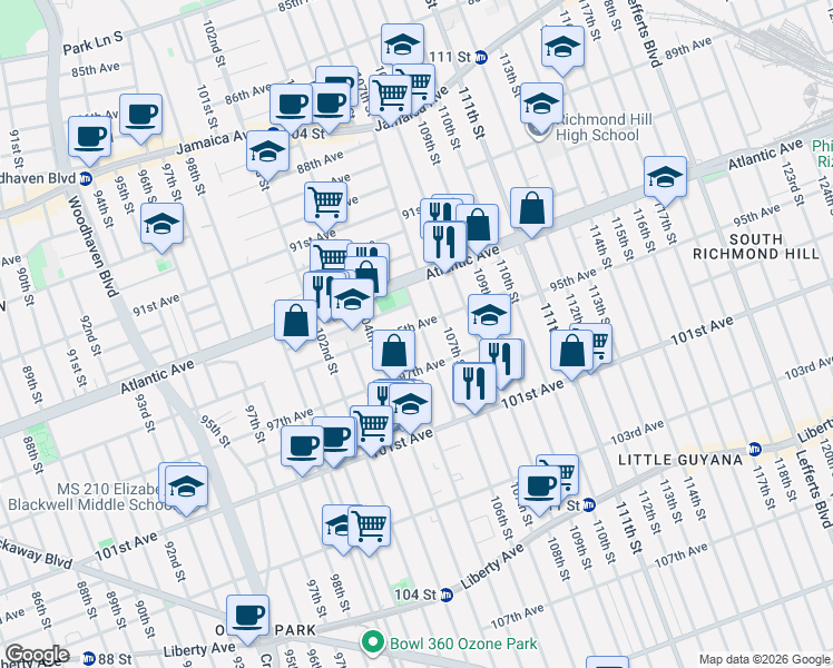map of restaurants, bars, coffee shops, grocery stores, and more near 105-18 95th Avenue in Queens