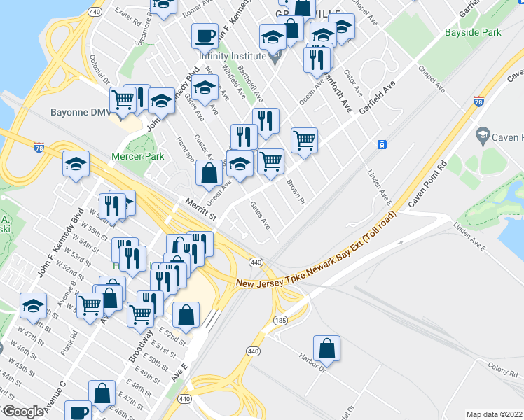 map of restaurants, bars, coffee shops, grocery stores, and more near 48 Gates Avenue in Jersey City
