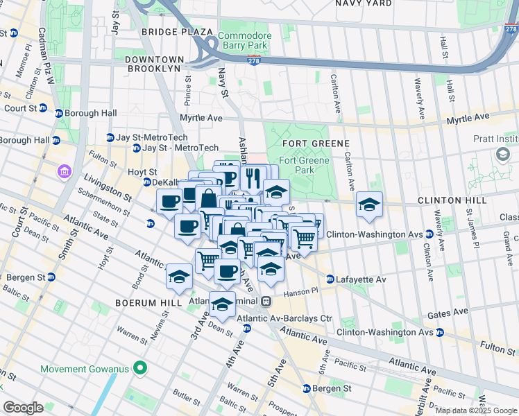 map of restaurants, bars, coffee shops, grocery stores, and more near 14 Saint Felix Street in Brooklyn