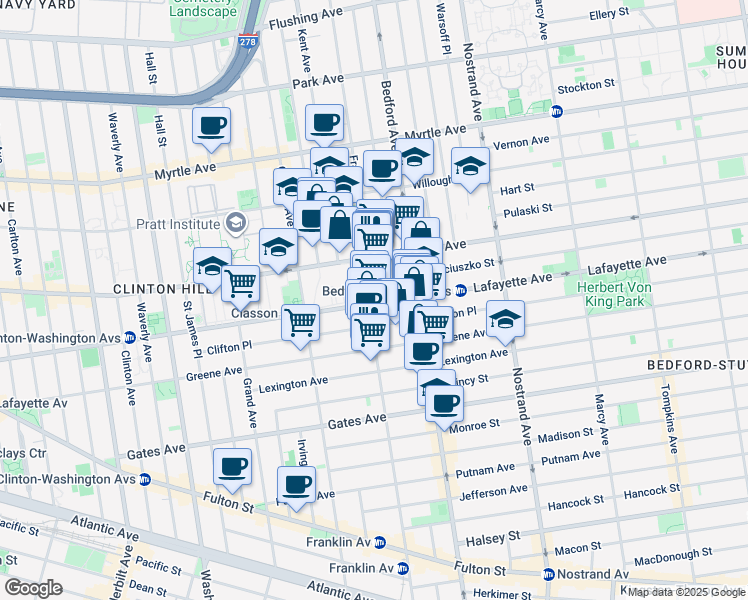 map of restaurants, bars, coffee shops, grocery stores, and more near 446A Lafayette Avenue in Brooklyn