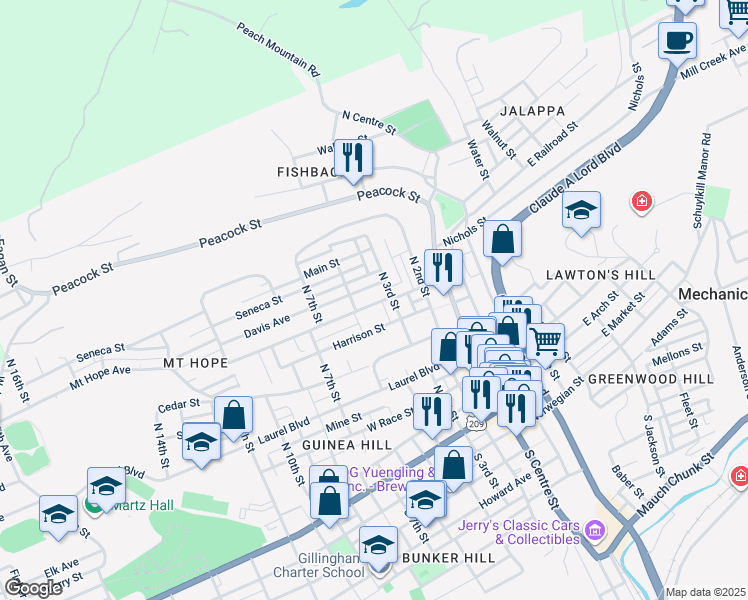 map of restaurants, bars, coffee shops, grocery stores, and more near 412 Fairview Street in Pottsville