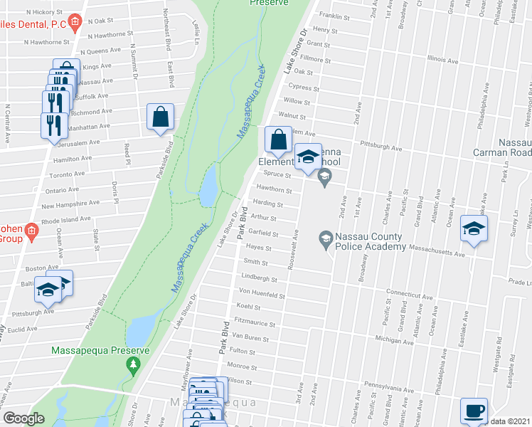 map of restaurants, bars, coffee shops, grocery stores, and more near 133 Arthur Street in Massapequa Park